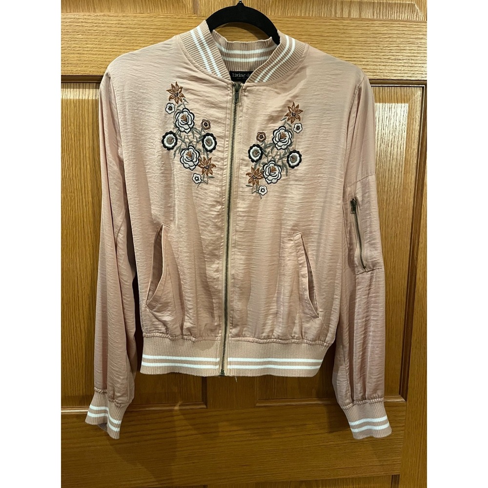Blush Pink Sporty Varsity Floral Embroidered Bomber Jacket Full Zip Size L